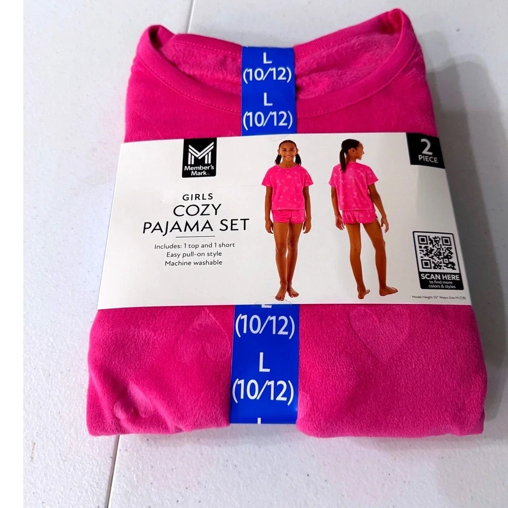 Member's Mark Girls Cozy Pajama Set Pink Heart Fleece 2pc Top Shorts L 10/12